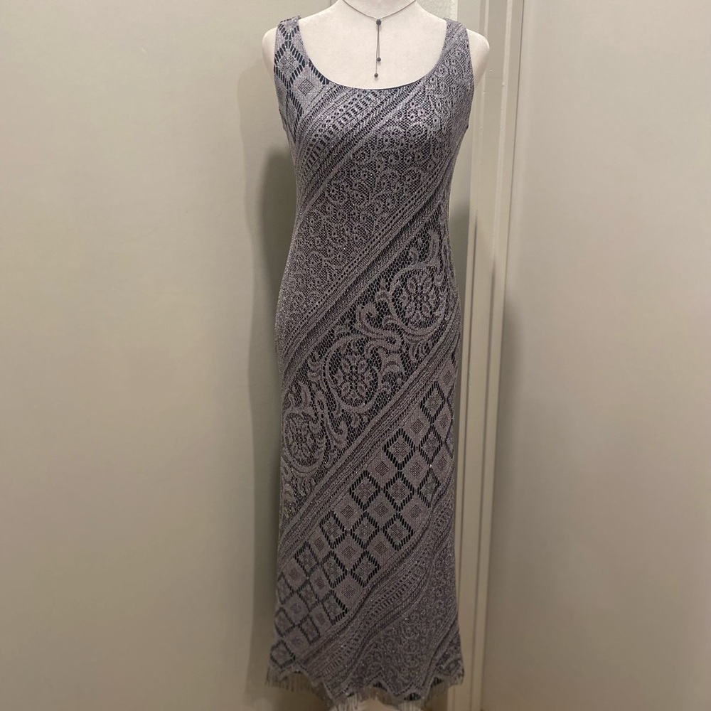 VTG 90s SLNY Silver Metallic Lace Crochet Fringe Maxi Midi Dress - 2